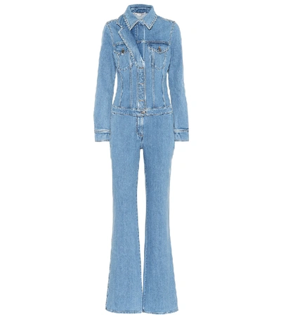 Stella Mccartney Long-sleeve Button-front Denim Straight-leg Jumpsuit In Blue