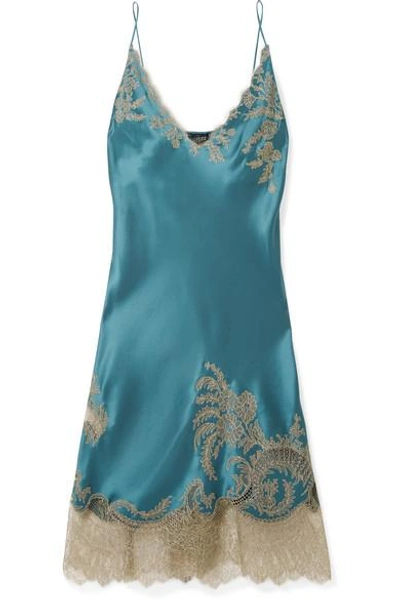 Carine Gilson Chantilly Lace-trimmed Silk-satin Chemise In Petrol