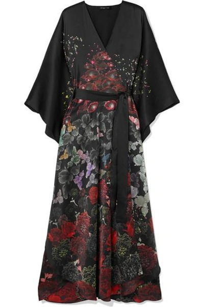 Meng Floral-print Silk-satin Robe In Black