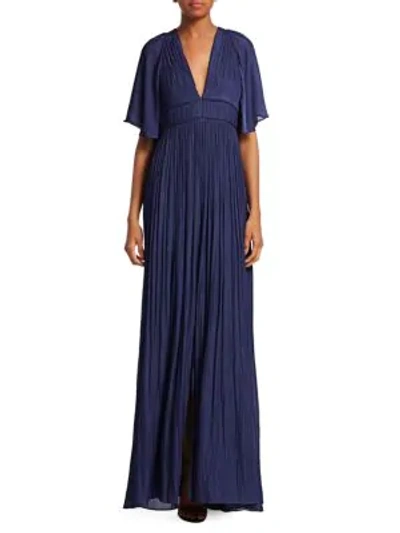 Halston Heritage Flowy Gown W/ Capelet & Pleating In Navy