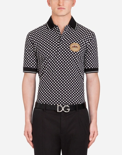Dolce & Gabbana Printed Cotton Piqué Polo Shirt With Patch In Black