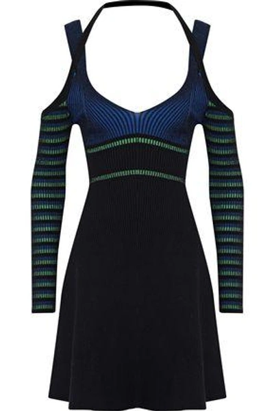 Opening Ceremony Woman Cold-shoulder Striped Ribbed-knit Mini Dress Black