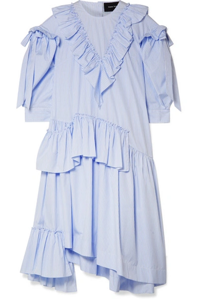 Simone Rocha Asymmetric Ruffled Striped Cotton-poplin Midi Dress In Blue