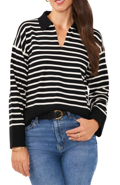 Vince Camuto Wide Stripe Polo Collar Long Sleeve Sweater In Rich Black