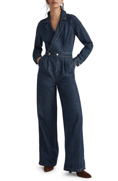 Madewell Long Sleeve Tailored Straight Leg Denim Jumpsuit In Norvell Wash