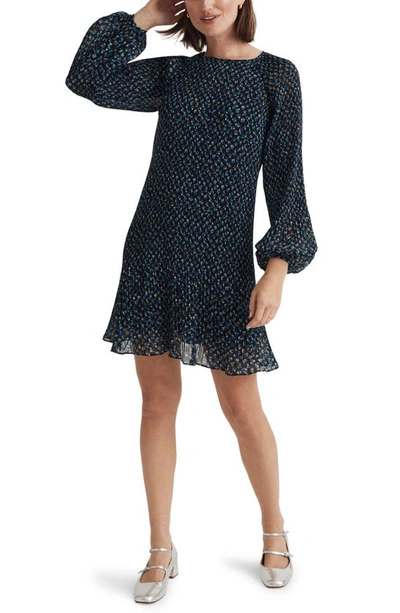 Madewell Floral Balloon Long Sleeve Crinkle Georgette Minidress In Deep Indigo