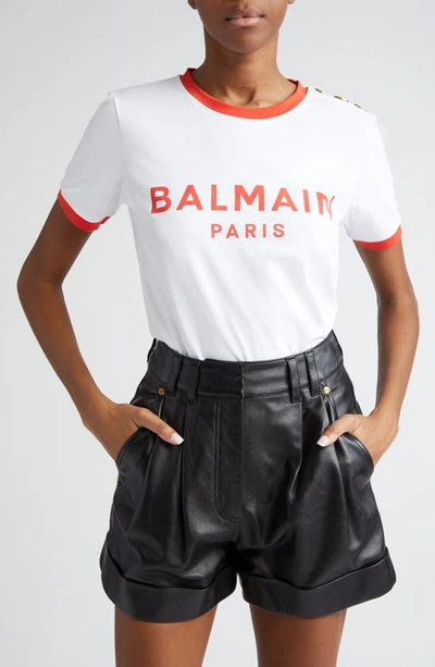 Balmain Three-button Cotton Logo Graphic T-shirt In Gqt White/ Red