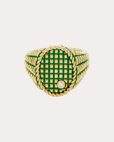 Yvonne Léon Women's Diamond & Green Enamel Oval Picotti Signet Ring 9k Gold