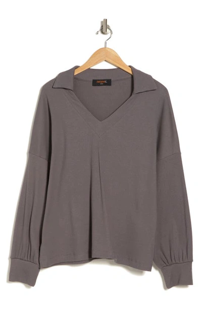 Renee C Collared Long Sleeve Ribbed Top In Charcoal