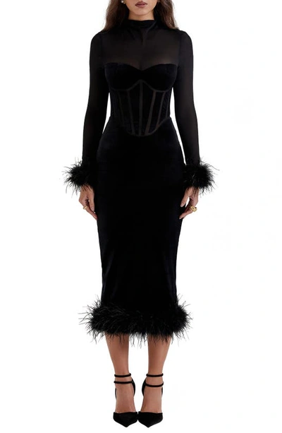 House Of Cb Lianna Feather Trim Long Sleeve Corset Midi Dress In Black