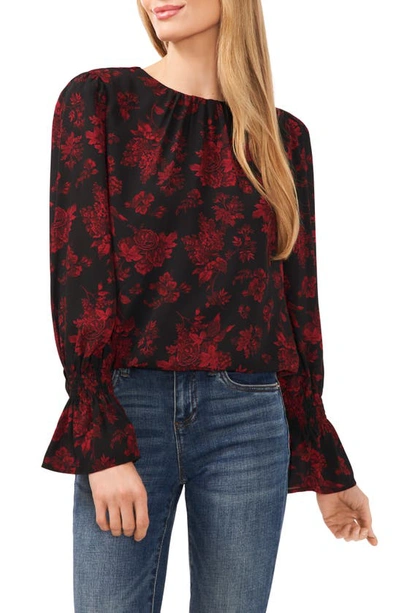 Cece Floral Long Sleeve Ruffle Cuff Top In Rich Black