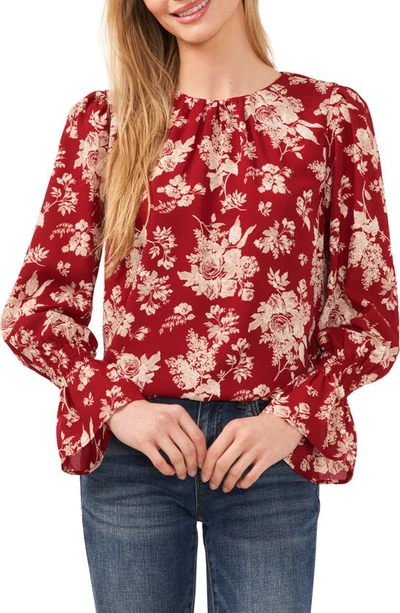 Cece Floral Long Sleeve Ruffle Cuff Top In Mulberry Red