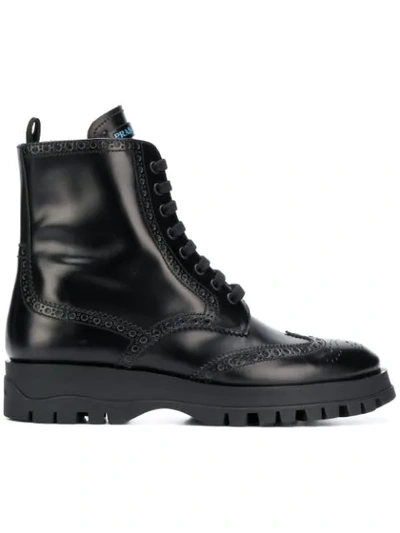 Prada Lace-up Leather Brogue Ankle Boots In Black