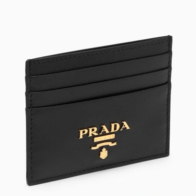 Prada Black Saffiano Leather Credit Card Holder In Gold