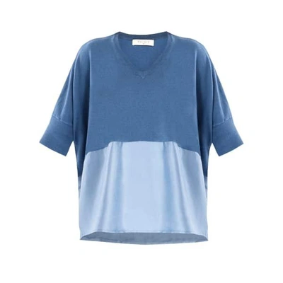 Paisie Knitted V-neck Top With Silk Panel In Blue