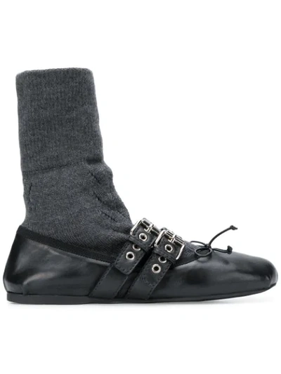 Miu Miu Sock Leather Ballet Flats In Black/grey