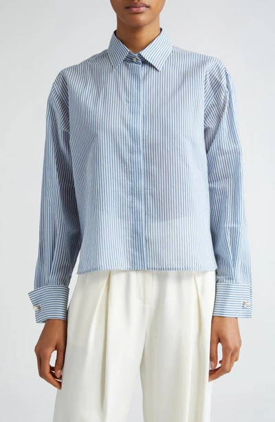 Max Mara Vertigo Pinstripe Cotton & Silk Crop Button-up Shirt In Avio