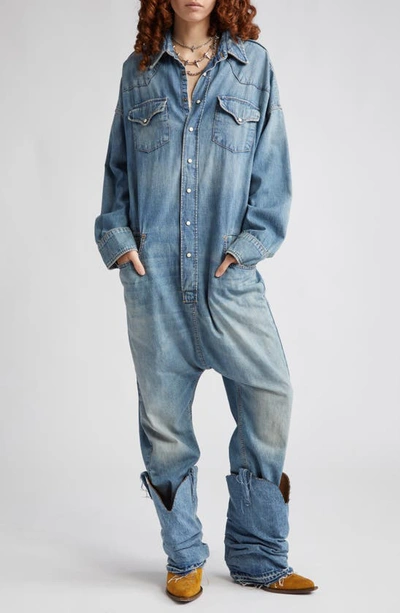 R13 Cowboy Drop Crotch Denim Jumpsuit In Dekalb Blue