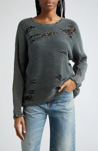 R13 Distressed Oversize Cotton Crewneck Sweater In Acid Black