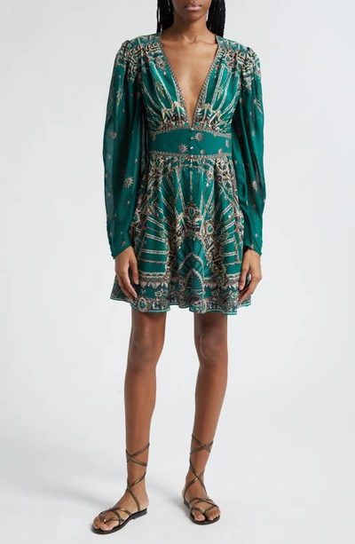 Camilla Venice Veil Print Crystal Embellished Long Sleeve Silk Dress In Green/grey