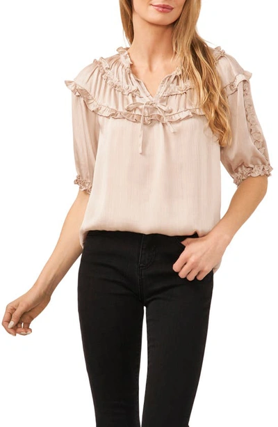 Cece Ruffle Yoke Satin Top In Champagne