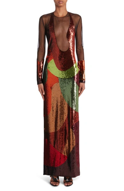 Tom Ford Long Sleeve Sequin & Mesh Gown In Black/ Burgundy Multicolor