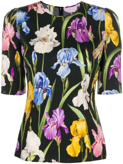 Dolce & Gabbana Elbow-sleeve Iris-print Fitted Charmeuse Top In Black