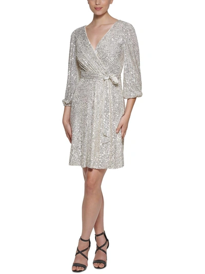 Dkny Womens Sequined V-neck Cocktail And Party Dress In Silver
