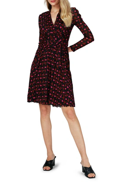 Dvf Brenda Long Sleeve Mesh Wrap Dress In Heart Leaves Black