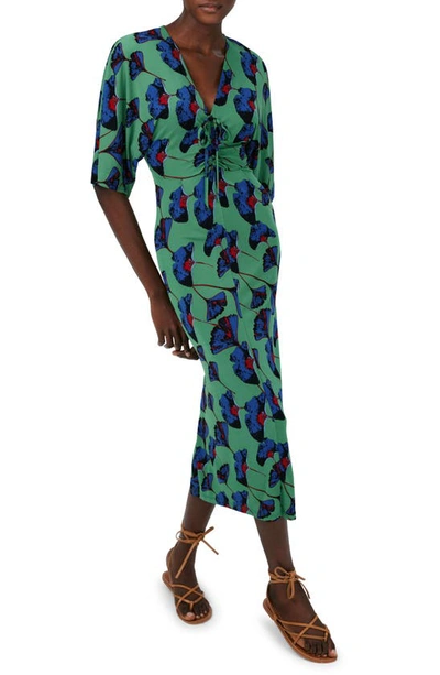 Dvf Valerie Floral Ruched Tie Front Midi Dress In Falling Gingko Venus Gn Lg