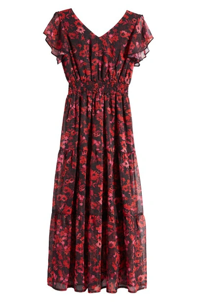 Love, Nickie Lew Kids' Metallic Stripe Floral Smocked Waist Party Dress In Black/ Red