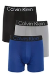 Calvin Klein Bold Logo 3-pack Boxer Briefs In Blue/ Black/ Wolf Grey