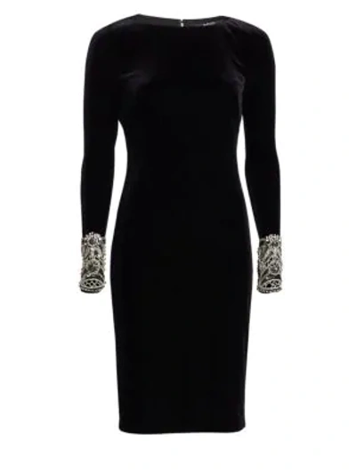 Badgley Mischka Velvet Long-sleeve Dress W/ Beaded Cuffs In Black