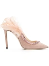 Jimmy Choo Tacey 100 Ballet Pink Suede Pointy Toe Pumps With Crystals And Feathers In Ballet Pink/ballet Pink Mix