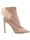 Jimmy Choo Tanya 100 Ballet Pink Suede Booties With Crystals And Feathers In Neutrals