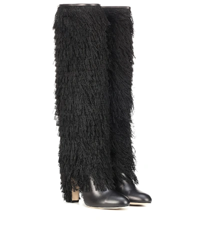 Jimmy Choo Magalie 65 Black Calf Leather Knee High Booties With Fringe Detailing
