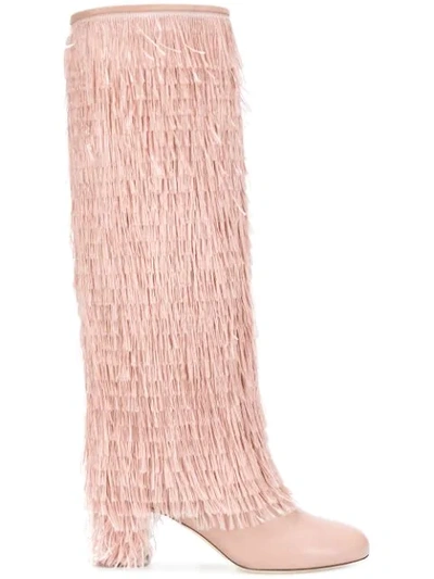 Jimmy Choo Magalie 65 Ballet Pink Calf Leather Knee High Booties With Fringe Detailing