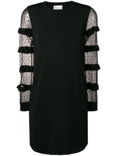 Red Valentino Point D'esprit & Ruffle Long-sleeve A-line Knit Mini Cocktail Dress In Black