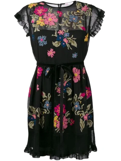 Red Valentino Cap-sleeve Floral-embroidered Ruffle Dress In Black
