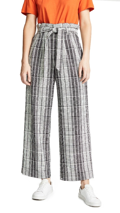 Alice And Olivia Farrel Paperbag Waist Pleated Wide-leg Windowpane Check Pants In Black/white