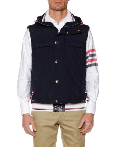 Thom Browne Men's Fold-out Hood Snap-front Tech Down Vest In Navy