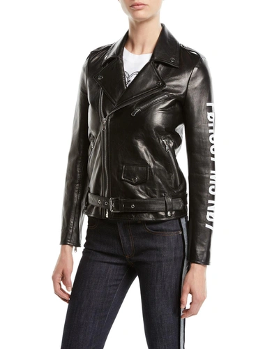 Red Valentino Leather Moto Jacket W/ Encrypted Love Note In Black