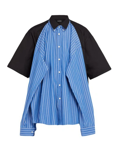 Balenciaga Mens Blue And White Striped Layered Oversized Cotton Shirt