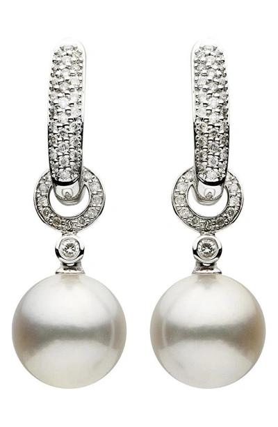 House Of Frosted 14k White Gold Pavé Diamond Pearl Drop Huggie Hoop Earrings In Silver