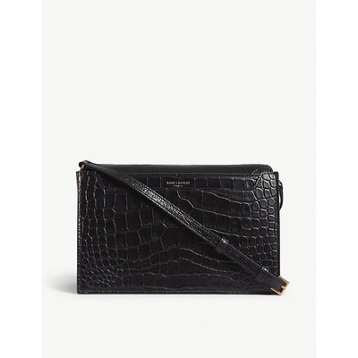 Saint Laurent Black Catherine Crocodile Embossed Leather Satchel