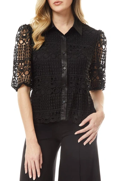 By Design Brianna Lace Puff Sleeve Button-up Top In Black