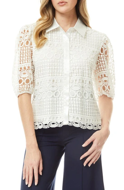 By Design Brianna Lace Puff Sleeve Button-up Top In Gardenia