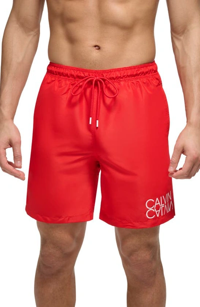 Calvin Klein Men's Reflection Logo Elastic Waist 7" Volley Swim Trunks In Red