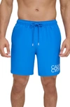 Calvin Klein Men's Reflection Logo Elastic Waist 7" Volley Swim Trunks In Blue