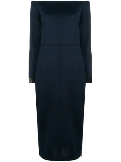 Fendi Off-the-shoulder Long-sleeve Midi Jersey Dress W/ Pleated Side Detail In Imperial